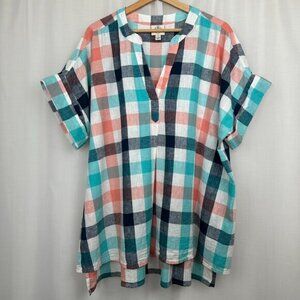 Womens Linen Cotton Oversized Tunic Top 1X Plaid Coastal Beachy Colorful Resort
